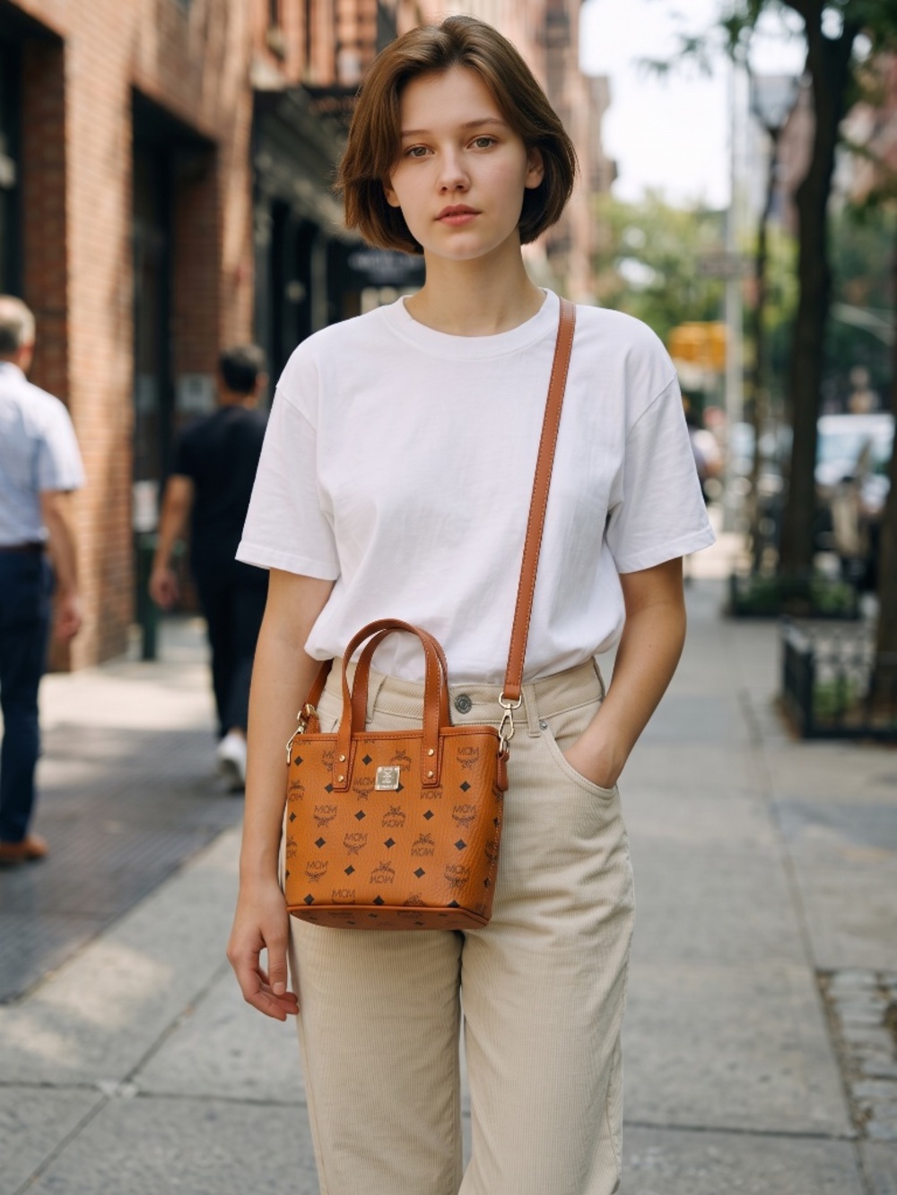 MCM Anya Cognac Visetos Mini Tote Crossbody Bag - Picture 14 of 16